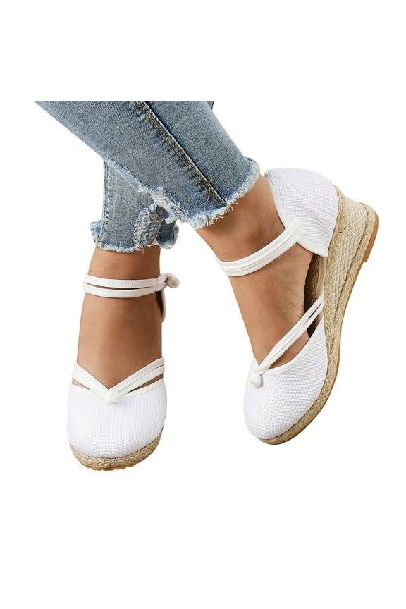 Closed Toe Wedge Sandals for Women Summer Outdoor Espadrilles Slip on Casual Slides Low Wedges Shoes with Ankle Strap White 7.5