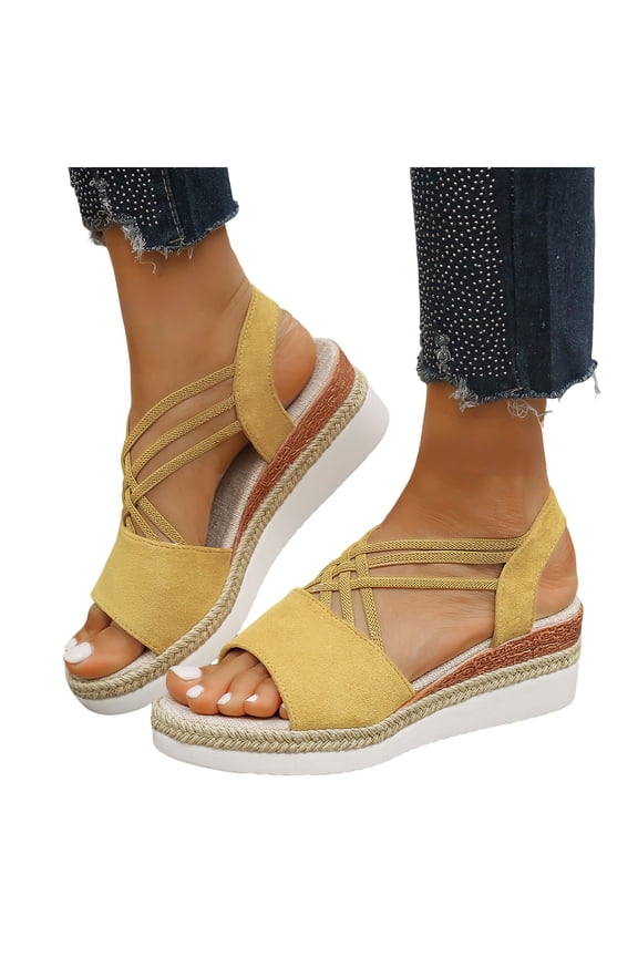 Espadrilles Wedge Sandals for Women Platform Strappy Dress Shoes Wide Width Walking Sandal with Elastic Ankle Strap 6.5 Yellow
