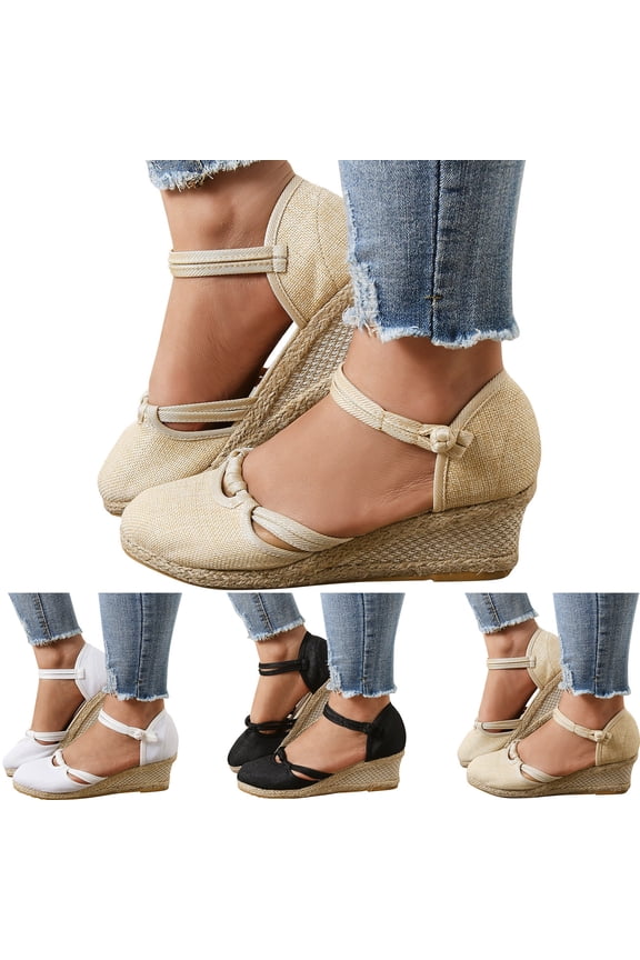Espadrilles Wedge Sandals for Women Summer Closed Toe Platform Slip on Slides Ankle Strap Outdoor Walking Shoes Beige 6.5