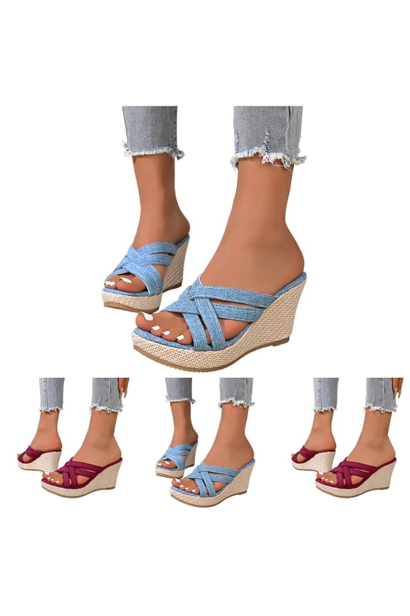 Espadrilles Wedges Slides for Women Crooss Strap High Top Summer Sandals Ladies Casual Wedges Heel Shoe for Vacation Size 9 Blue
