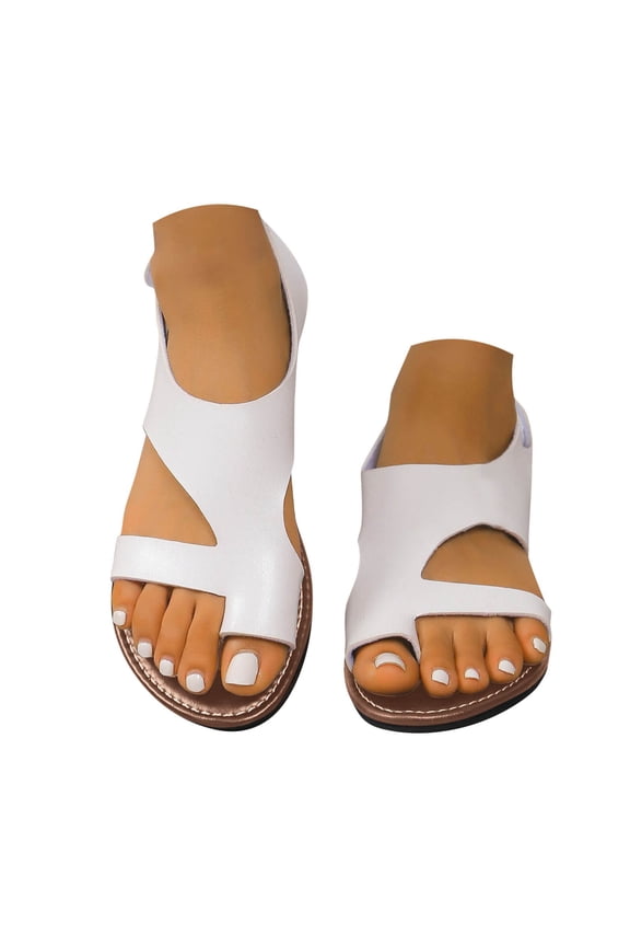 Flat Sandals for Women Toe Ring Casual Summer Walking Slide Shoes Dressy Beach Flip Flops with Hook and Loops Straps White 7