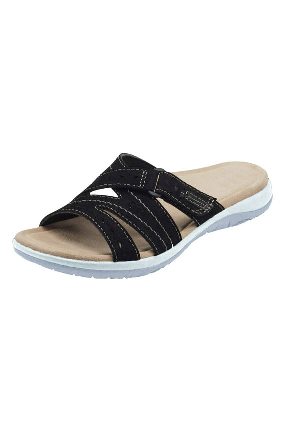 Flat Sandals for Women and Men Adjustable Hook and Loops Slip on Slides Comfortable Walking Outdoor Arch Support Slippers Black 8