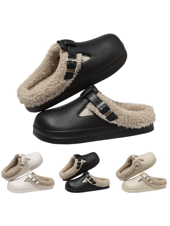 Fleece Lined Clogs for Women Fuzzy Walking Garden Shoes Winter Warm House Slippers Indoor Outdoor Slip on Mules Black 8