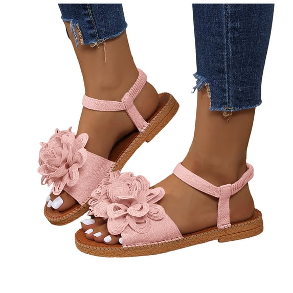 Modisza Flower Flat Sandals for Women with Elastic Ankle Strap Ladies Casual Walking Slide Shoes for Summer Vacation size 7.5 Pink