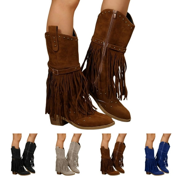 Modisza Fringe Knee High Boots Women Cowboy Cowgirl Western Tall Boot Tassel Buckle Wide Calf Dress Riding Booties Beige 8
