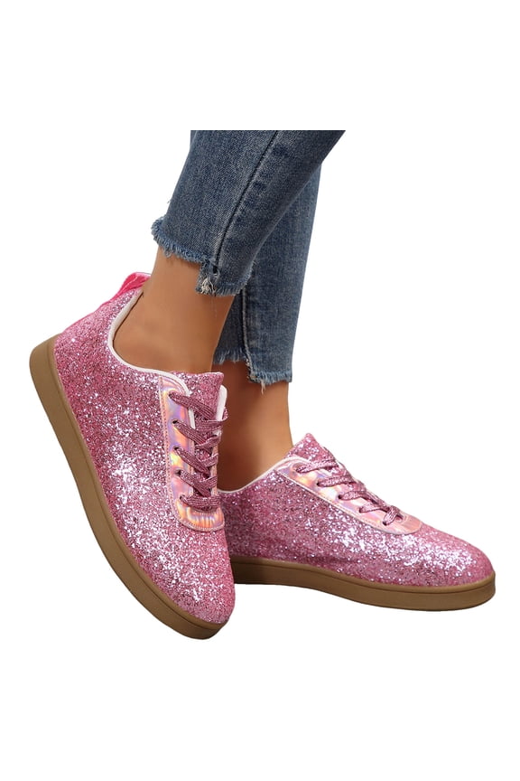 Glitter Sparkly Walking Sneakers with Arch Support Shiny Flat Shoes Sequin Concert Low Cut Lace up Fashion Sneaker Size 6.5 Red