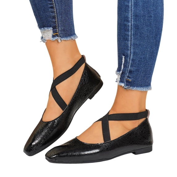 Modisza Glossy Flat Shoes Low Heel Dance Shoe Crooss Ankle Strap Work Dress Loafers Slip on Summer Outdoor Walking Sandals Side 5.5 Black