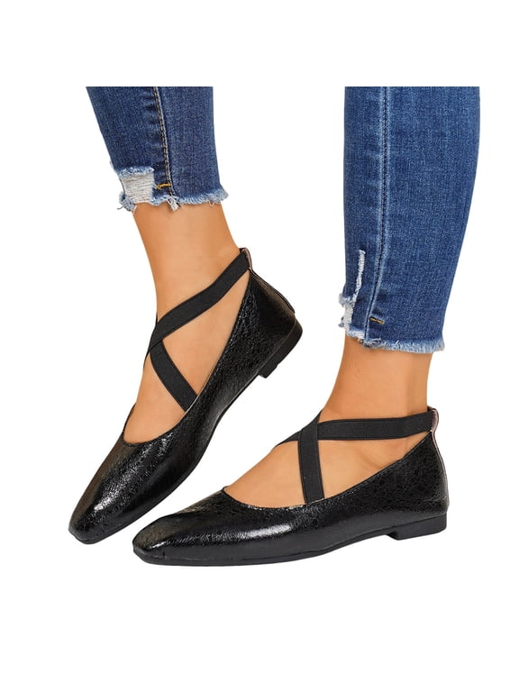 Glossy Flat Shoes Low Heel Dance Shoe Crooss Ankle Strap Work Dress Loafers Slip on Summer Outdoor Walking Sandals Side 5.5 Black