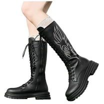 Modisza Knee High Boots Women Fashion Lace up Platform Combat Boot Lug Sole Chunky Heel Motorcycle Riding Shoes