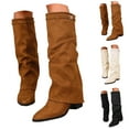 thumbnail image 1 of Modisza Knee High Boots Women Fold Over Chunky Heel Wide Calf Dress Tall Boots Pointed Toe Pull on Winter Riding Shoes Beige 6.5, 1 of 9