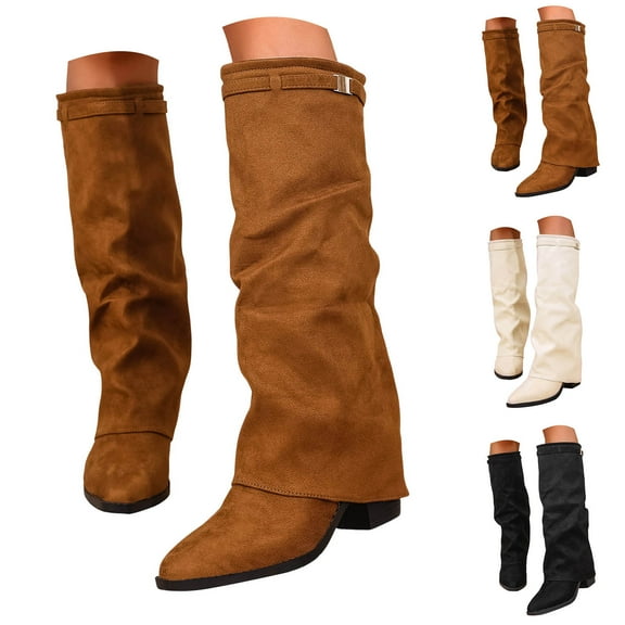 Modisza Knee High Boots Women Fold Over Chunky Heel Wide Calf Dress Tall Boots Pointed Toe Pull on Winter Riding Shoes Beige 6.5