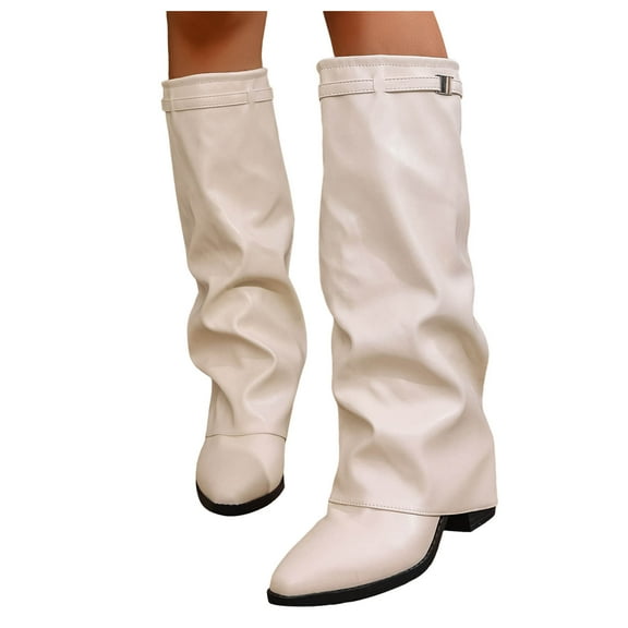 Modisza Knee High Boots Women Fold Over Shark Tall Boots Chunky Heel Dress Western Riding Boot for Fashion Party Wedding Daily