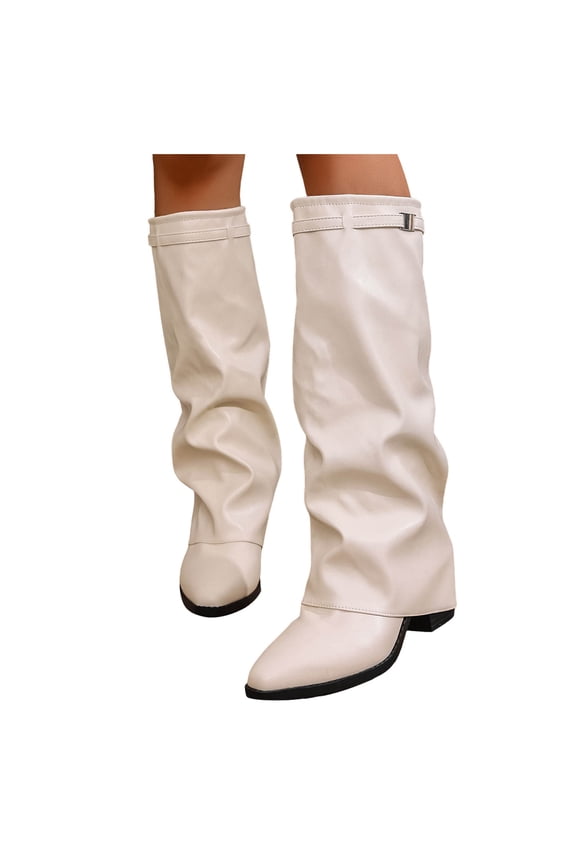 Knee High Boots Women Fold Over Shark Tall Boots Chunky Heel Dress Western Riding Boot for Fashion Party Wedding Daily