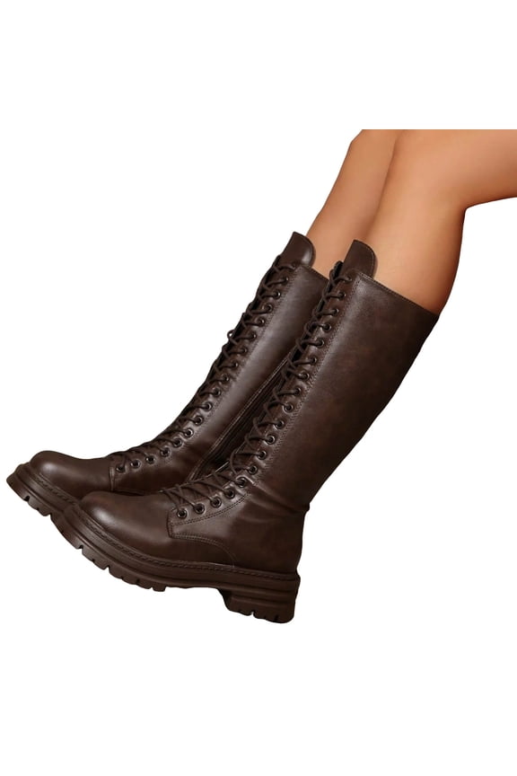 Knee High Boots Womens Platform Wide Calf Lace up Combat Boot Comfort Lug Sole Motorcycle Riding Shoes Brown 7