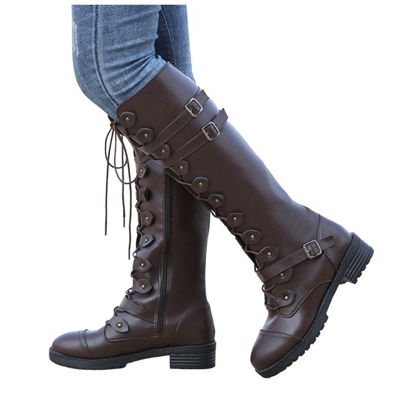 Modisza Knee High Combat Boots for Women Retro Leather Lace Up Buckles Gothic Tall Boot Low Heel Fall Winter Boots 6.5