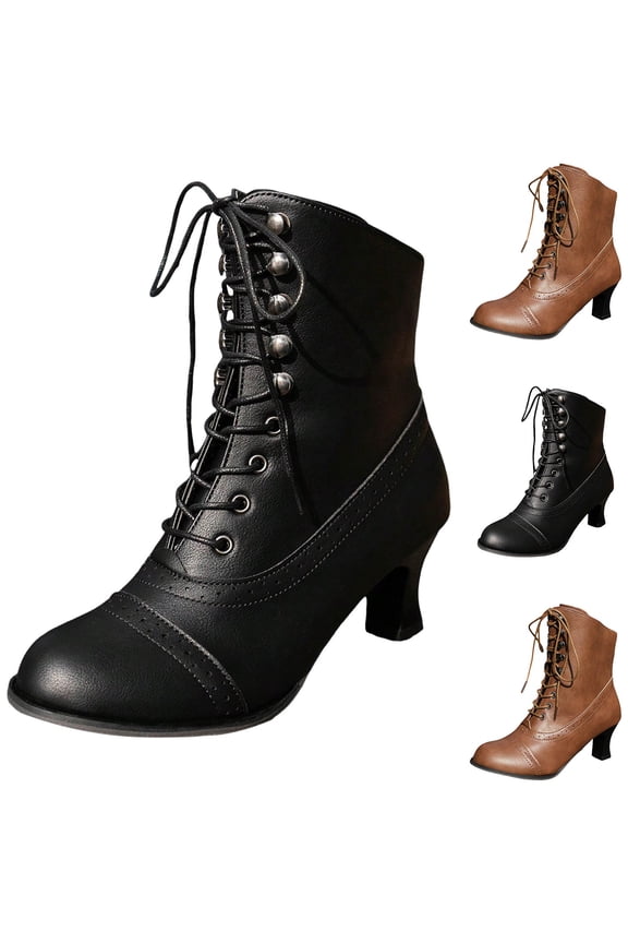 Leather Ankle Boot for Women Zipper Up Granny Boots Lace Up Kitten Heel Short Booties for Ladies Work Party Vacation Black Size 7