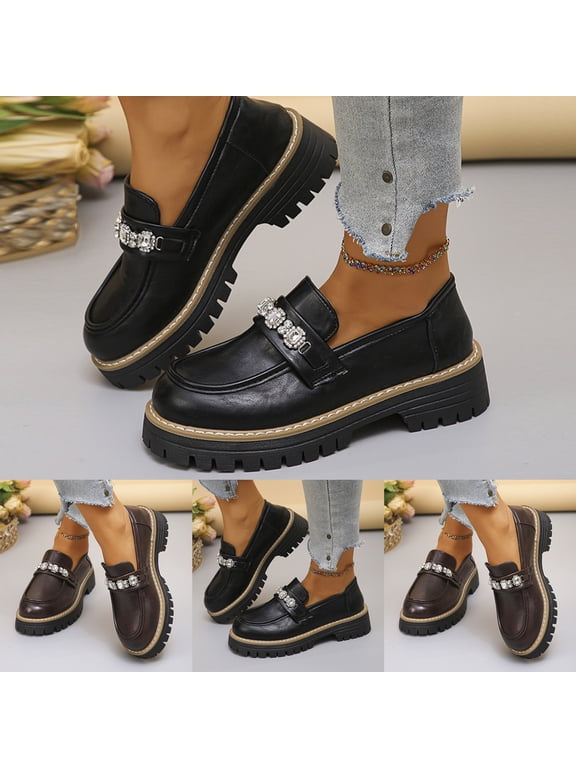 Leather Loafers for Women Non Slip Low Heel Dressy Shoes Students College Platform Dress Shoe Fall Walking Work Loafer Black Size 9