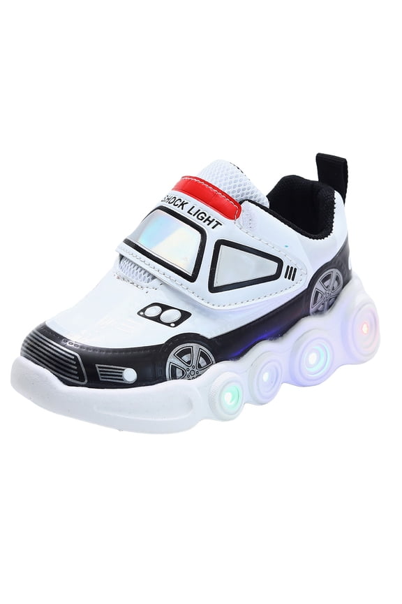 Light Up Boys Shoes Toddler Fun Cartoon Car Flashing Walking Sneakers Little Kid Water Proof Hook and Loops Shoe White Size 21