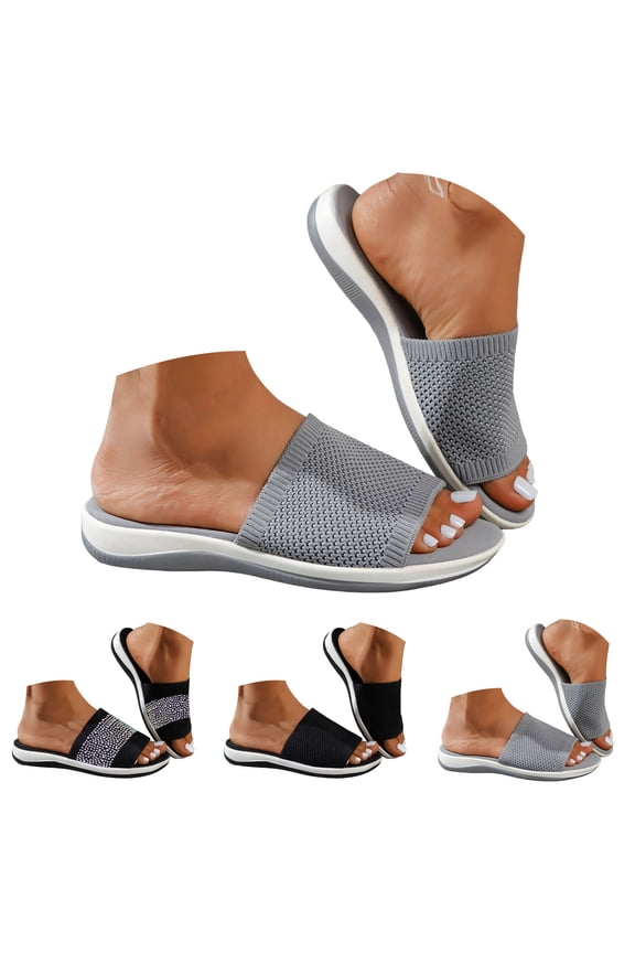 Mens Orthopedic Slide Sandals with Arch Support Knitted Soft Flat Slides Summer Indoor Slip on Walking Shoes Black size 7