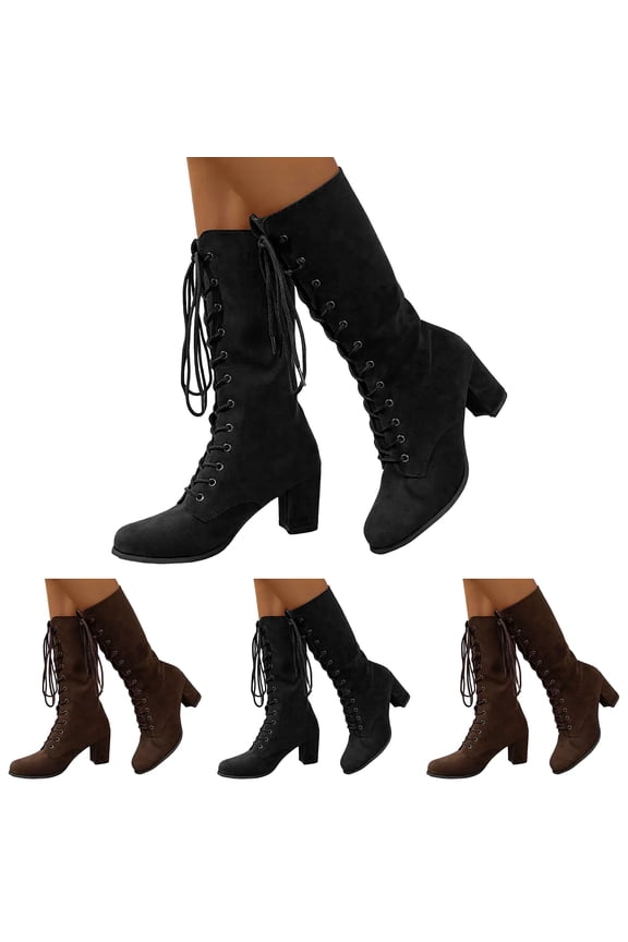 Mid Calf Victorian Boots for Women Vintage Suede Chunky Heel Combat Booties Fall Winter Lace up Goth Dress Boots Black 7