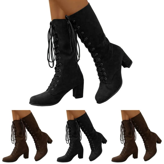Modisza Mid Calf Victorian Boots for Women Vintage Suede Chunky Heel Combat Booties Fall Winter Lace up Goth Dress Boots Black 9