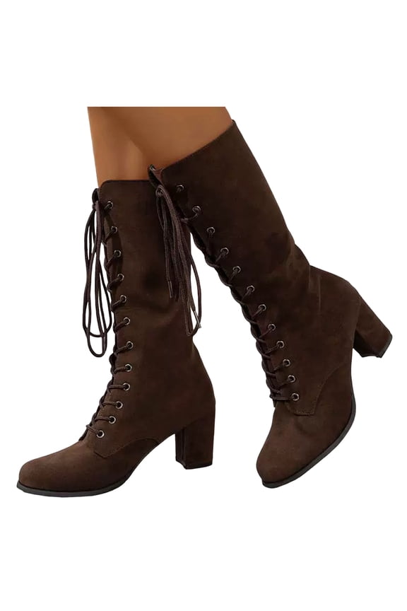 Mid Calf Victorian Boots for Women Vintage Suede Chunky Heel Combat Booties Fall Winter Lace up Goth Dress Boots Coffee 6.5