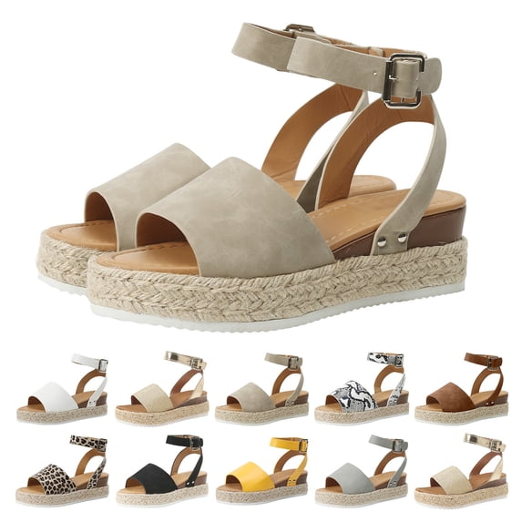 Modisza Open Toe Platform Wedge Sandals Buckles Ankle Strap Dressy Shoes Espadrilles Flatform Arch Support Walking Slides Beige 6
