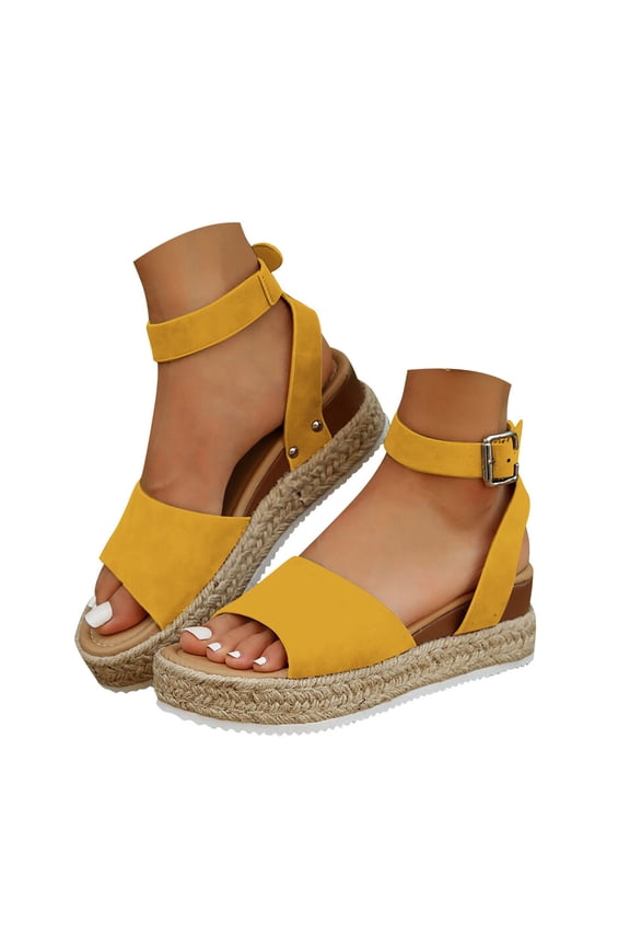 Open Toe Platform Wedge Sandals Buckles Ankle Strap Dressy Shoes Espadrilles Flatform Arch Support Walking Slides Yellow 7.5