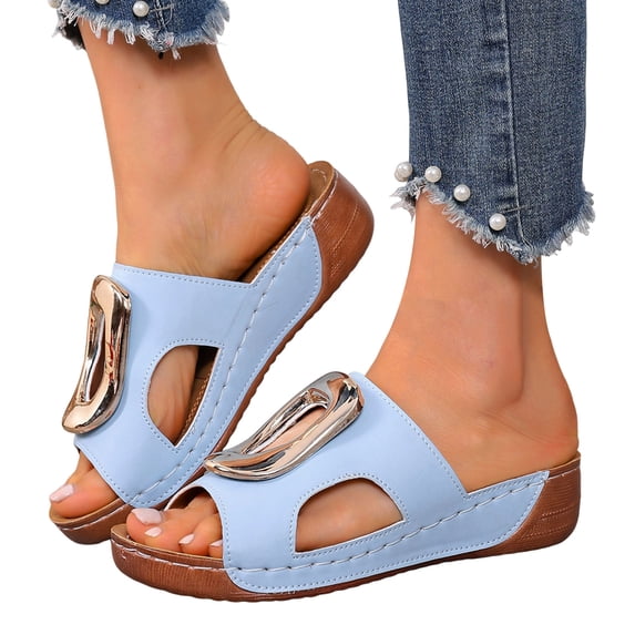 Modisza Open Toe Wedge Heel Sandals for Women Comfortable Walking Slides with Arch Support Hollow Out Slip on Summer Shoes Blue size 7.5