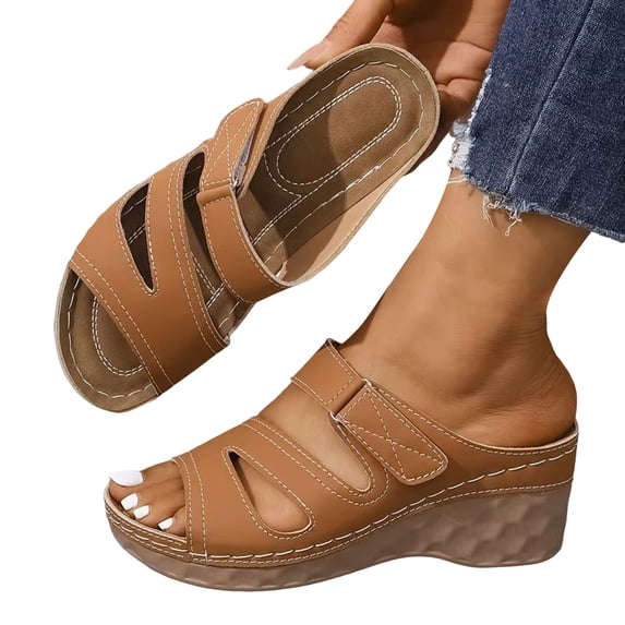 Modisza Orthopedic Slides Sandals for Women Open Toe Wedge Heeled Shoes Platform Arch Support Slip on Summer Slippers size 9 Brown