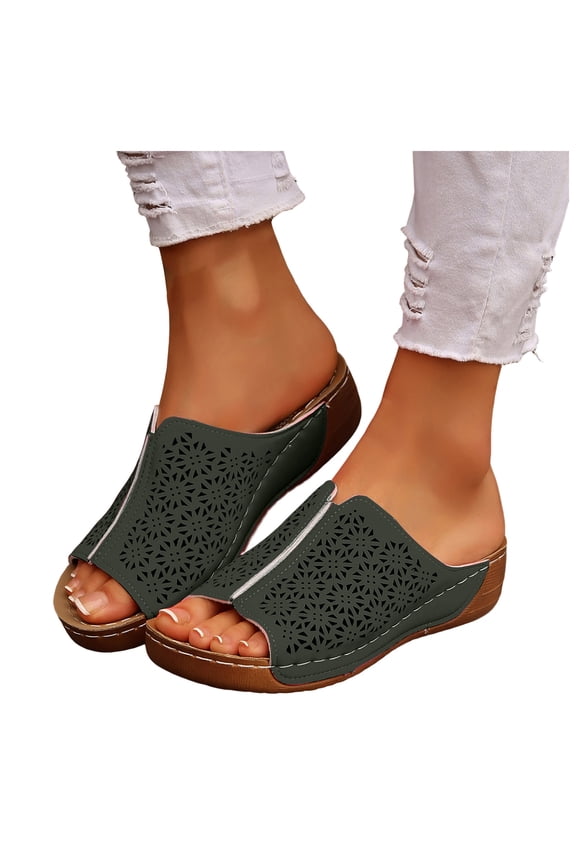 Orthopedic Wedge Sandals for Women Flower Cutout Wide Width Slip on Wedges Slides Ladies Casual Summer Slippers size 6.5 Green