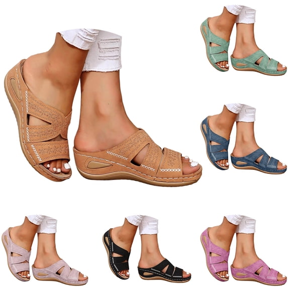 Modisza Orthopedic Wedge Sandals for Women Platform Open Toe Slip on Beach Shoes 2026 Embroider Flowers Casual Slippers Black 5.5