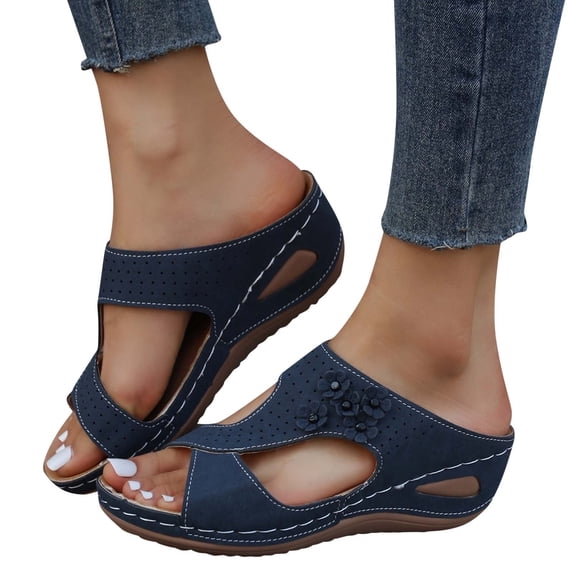Modisza Orthopedic Wedge Sandals for Women Summer Casual Floral Platform Open Toe Slides Wide Width Comfortable Beach Slippers Blue 9