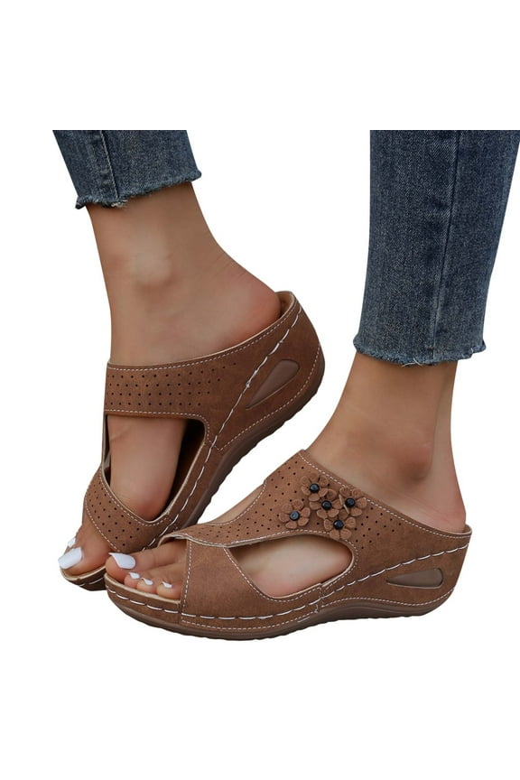 Orthopedic Wedge Sandals for Women Summer Casual Floral Platform Open Toe Slides Wide Width Comfortable Beach Slippers Brown 8
