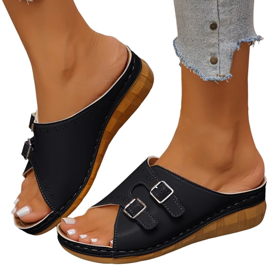 Modisza Orthopedic Wedge Sandals for Women Wide Width Open Toe Platform Wedges Slip on Comfortable Beach Walking Slippers size 6 Black
