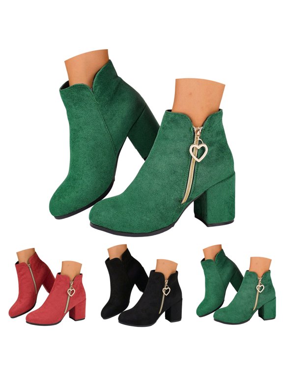 Platform Chunky Heel Short Boots for Women Heart Zipper Round Toe Suede Ankle Boot Ladies Winter Work Boot Size 7