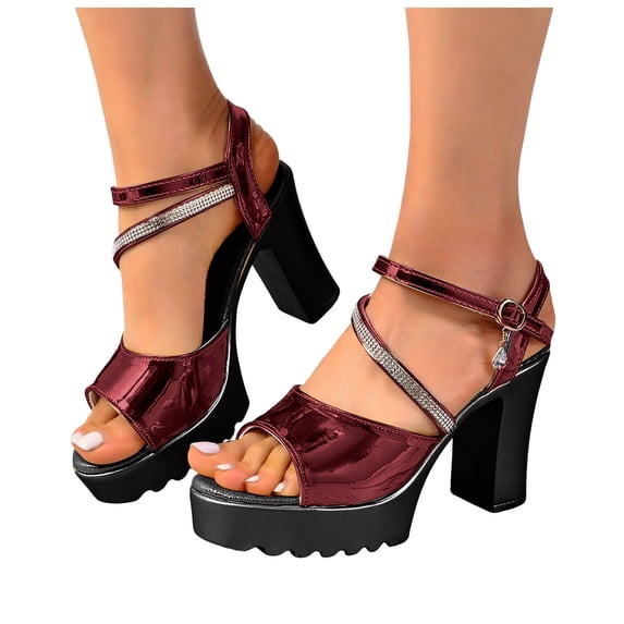 Modisza Platform High Heels for Women Rhinestone Ankle Strap Chunky Heeled Leather Sandals Arch Support Block Heels Shoes 7.5 Red