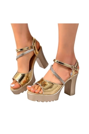 Platform High Heels for Women Rhinestone Ankle Strap Chunky Heeled Leather Sandals Arch Support Block Heels Shoes 8.5 Gold