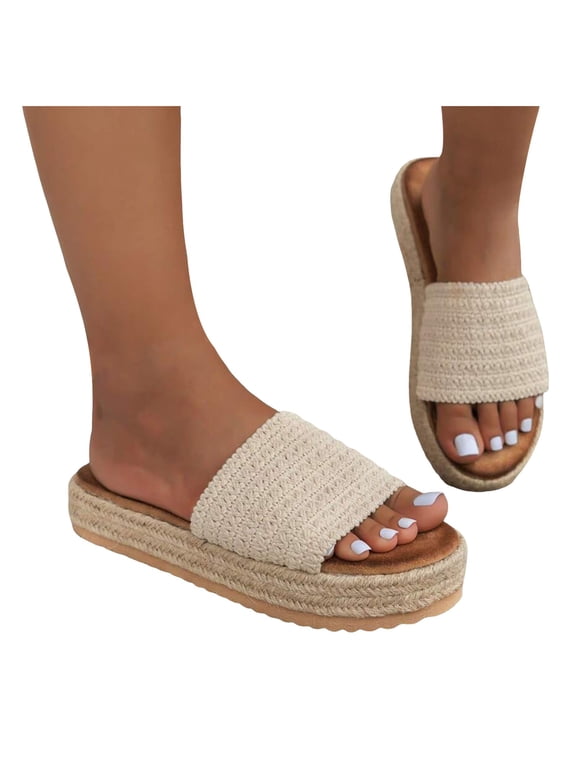 Platform Sandals for Women Espadrilles Low Wedge Slip on Slides Summer Straw Vacation Shoes Rattan Beach Flat Slippers Beige 8.5