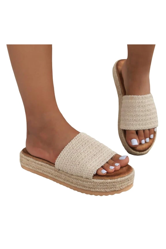 Platform Sandals for Women Espadrilles Low Wedge Slip on Slides Summer Straw Vacation Shoes Rattan Beach Flat Slippers Beige 9.5
