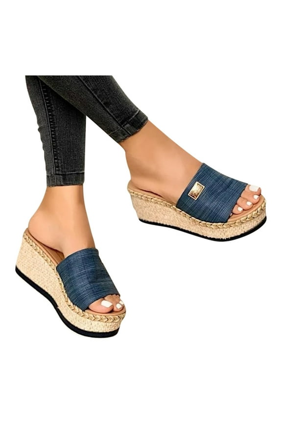 Platform Sandals for Women Slip on Espadrilles Wedge Sandal Comfortable Dressy Summer Open Toe Canvas Slide Shoes Blue 9.5