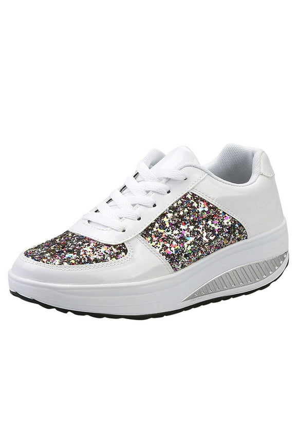 Platform Sneakers for Women Arch Support Walking Shoes Damping Sole Comfortable Sparkly Sports Sheo for College Students Size 5 White