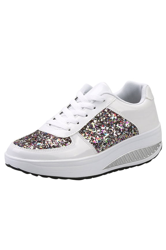 Platform Sneakers for Women Arch Support Walking Shoes Damping Sole Comfortable Sparkly Sports Sheo for College Students Size 7 White