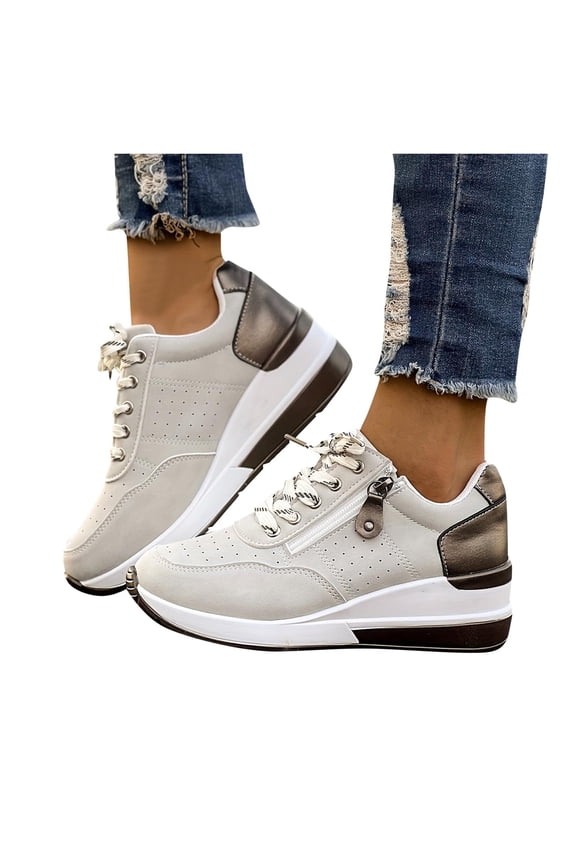 Platform Sneakers for Women Comfortable Walking Shoes Strappy Casual Running Sports Zipper Sneakers for College Light Gray 6.5