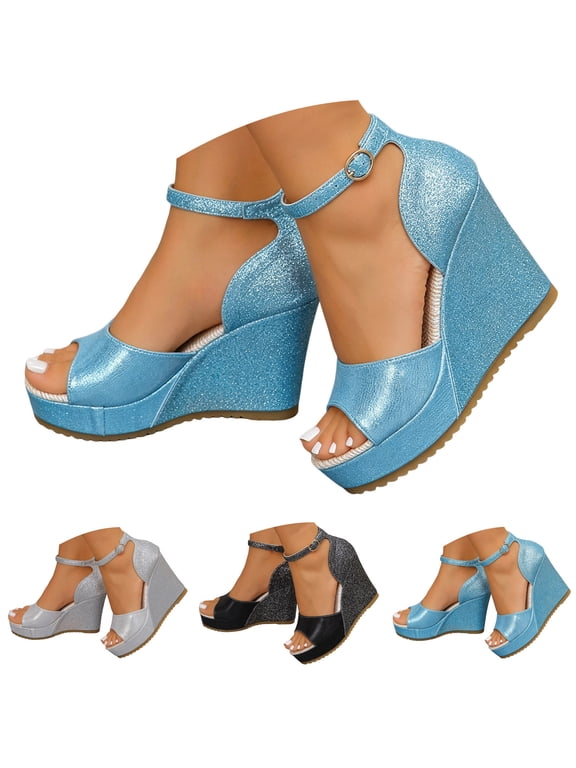 Platform Wedge Sandals for Women Glitter High Wedges Dressy Shoes with Ankle Strap Ladies Evening Party Sandal Size 6 Black
