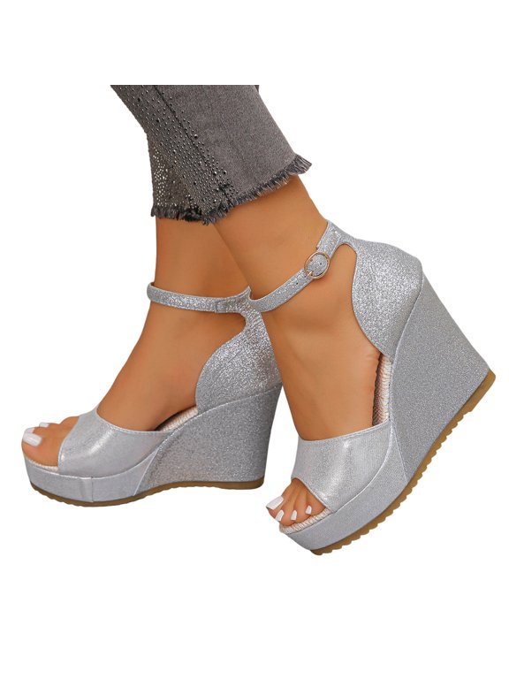 Platform Wedge Sandals for Women Glitter High Wedges Dressy Shoes with Ankle Strap Ladies Evening Party Sandal Size 8 Silver