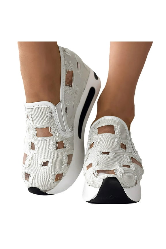 Platform Wedge Sneakers for Women Embroidery Distressed Breathable Shoes Walking Work Chunky Shoe with Arch Support White 7