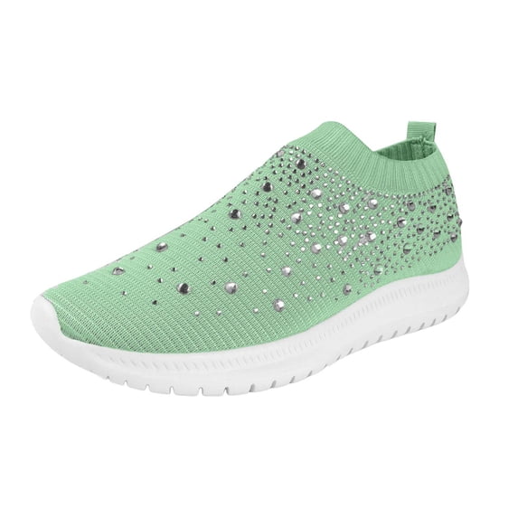 Modisza Rhinestone Casual Walking Shoes for Women Memory Foam Mesh Running Sneakers Arch Support Slip on Sports Tennis Shoe Green Size 5.5-9.5