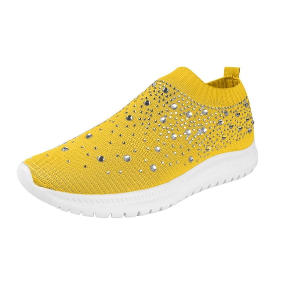 Modisza Rhinestone Casual Walking Shoes for Women Memory Foam Mesh Running Sneakers Arch Support Slip on Sports Tennis Shoe Yellow Size 5.5-9.5
