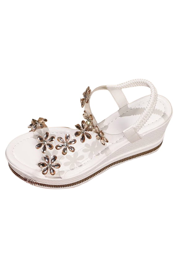 Rhinestone Wedge Sandals for Women Flowers Slip on Dress Slide Shoes Platform High Top Wedges Sandal for Ladies Travel Side 8.5 Gold